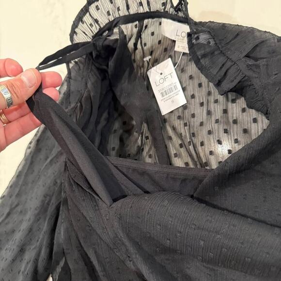 Loft NWT Clip Godet Mini Flare Dress Women’s 8 Black Ruffle Collar V-Neck Chic - Picture 9 of 10